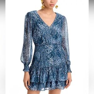 Aqua Ruffle Trim Mini Dress Women’s Textured Long Sleeve Size Small Feminine